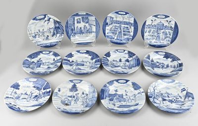 neuf assiettes bleues et blanches sur lesquelles est représentée une ville