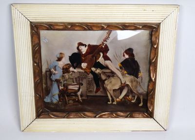 tableau représentant un groupe de personnes jouant d'un instrument dans une pièce