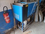 a blue cabinet with a fire extinguisor next to a fire hydrant