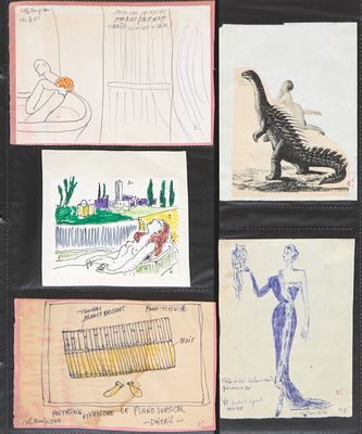 Plusieurs dessins représentant des personnes et des animaux sont représentés sur une feuille de papier