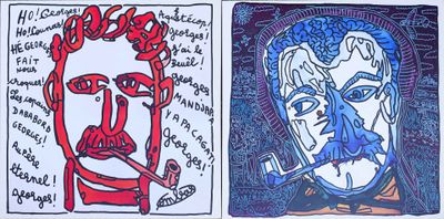 trois dessins de visages et de mots de couleurs différentes sur fond blanc