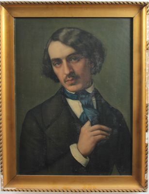 portrait of a man with a blue tie in a gold frame