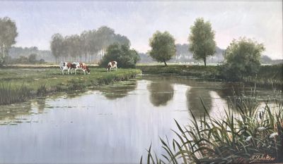 Jan SCHOLTEN (1948). Vaches au bord de la Lys.