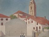a painting of a group of people standing in front of a building