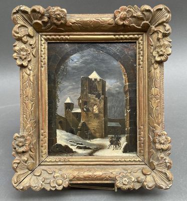 a painting of a castle in a snowy landscape with a man on a horse