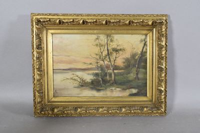 une peinture à l'huile représentant un paysage fluvial avec des arbres au premier plan