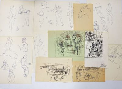 several sketches of various people in various poses on a sheet of paper