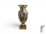 a vase with a painting on it sitting on a stand