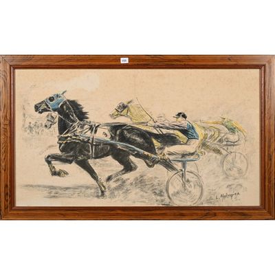 tableau représentant deux chevaux tirant une calèche dans laquelle se trouve un homme