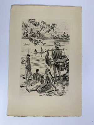 dessin représentant un groupe de personnes assises sur une plage au bord d'un plan d'eau