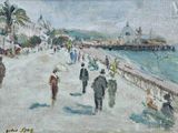 tableau représentant des personnes marchant sur une promenade au bord d'un plan d'eau