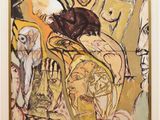 un tableau accroché au mur d'un musée, que des gens sont en train de regarder