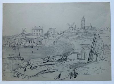 dessin représentant une vue d'une ville avec un phare et un bateau sur l'eau