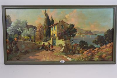an image of a painting of a house on a hill by the water