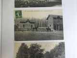three pictures of a building with horses in front of it