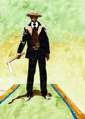 un dessin représentant un homme en costume et chapeau, debout sur un tapis