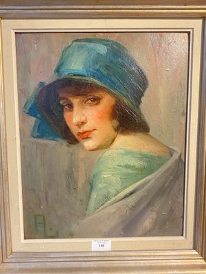 painting of a woman in a blue hat and green dress