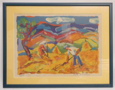 peinture d'un homme labourant un champ avec un cheval à l'arrière-plan