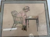 a drawing of a little girl sitting at a table