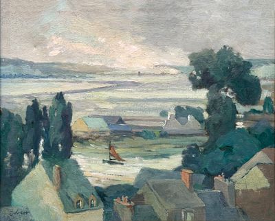 une image représentant une peinture d'une vue d'une ville avec un bateau sur l'eau