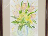 painting of a bouquet of flowers in a vase on a table