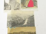 three old postcards of a woman in a red dress and a church