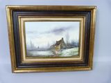 tableau représentant une maison par temps de neige, avec un chien au premier plan