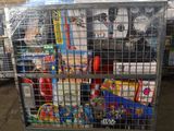 a cart full of toys inside of a warehouse