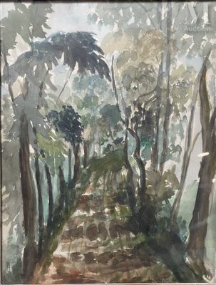 une image représentant un tableau d'un chemin de terre dans les bois