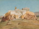 painting of a painting of a large building on top of a hill