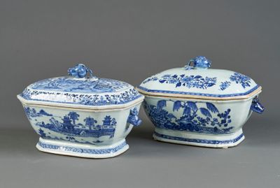 paire de plats « tureeny » chinois bleus et blancs avec couvercle