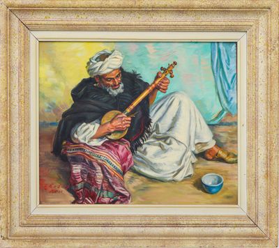 a painting of an old man playing a guitar in front of a blue curtain