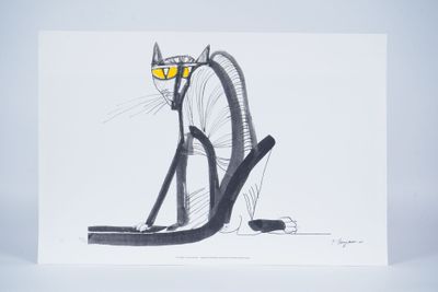 black and white drawing of a cat with yellow eyes sitting on a chair