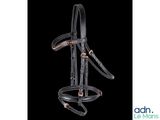 the bridle is made of leather and has a brass plated buckle