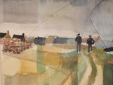 a painting of two men walking down a dirt road