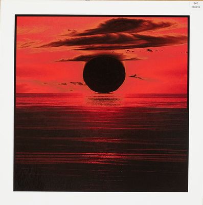 une image représentant un tableau représentant un coucher de soleil sur l'océan