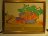 une peinture représentant une coupe de fruits sur une table