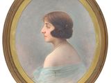 portrait of a woman in a blue dress in a gold frame