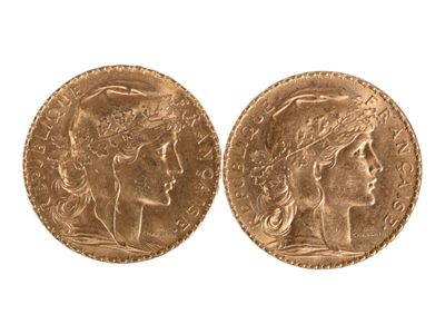 Deux pièces de vingt francs or au coq, 1912. Usures. - Photo 1