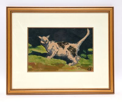 painting of a cat running in the grass with a black background