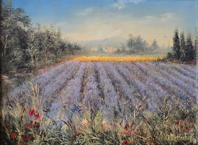 tableau représentant un champ de lavande et de coquelicots, avec une maison au loin