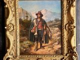 painting of a man in a cowboy outfit holding a gun in a gold frame