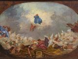 an image of a painting of angels in the sky above a crowd of people