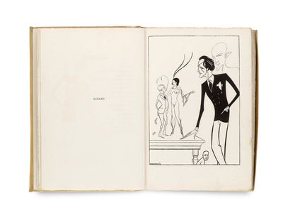 un livre ouvert sur lequel figure un dessin en noir et blanc représentant un homme en smoking