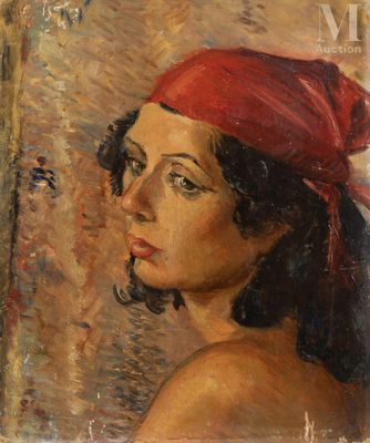 an image of a painting of a woman with a red bandana