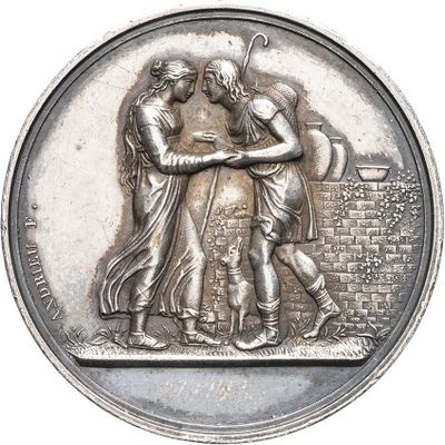 an image of a silver medal with a man and woman on it