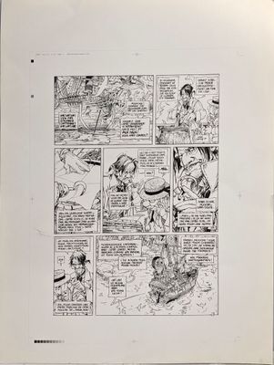 une page de bande dessinée, avec le dessin d'un homme sur un bateau