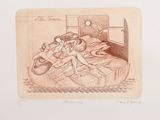 pencil drawing of a woman sitting on a bed with a cat in her lap