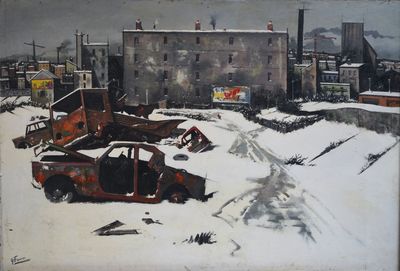 une photo d'un tableau représentant une vieille voiture dans la neige
