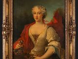 a painting of a woman in a white dress holding flowers